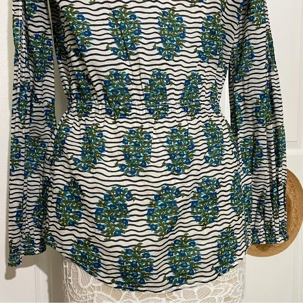 Tory Burch Top white Green Flora Cotton Scoop Neck Keyhole Tunic Elastic waist 6